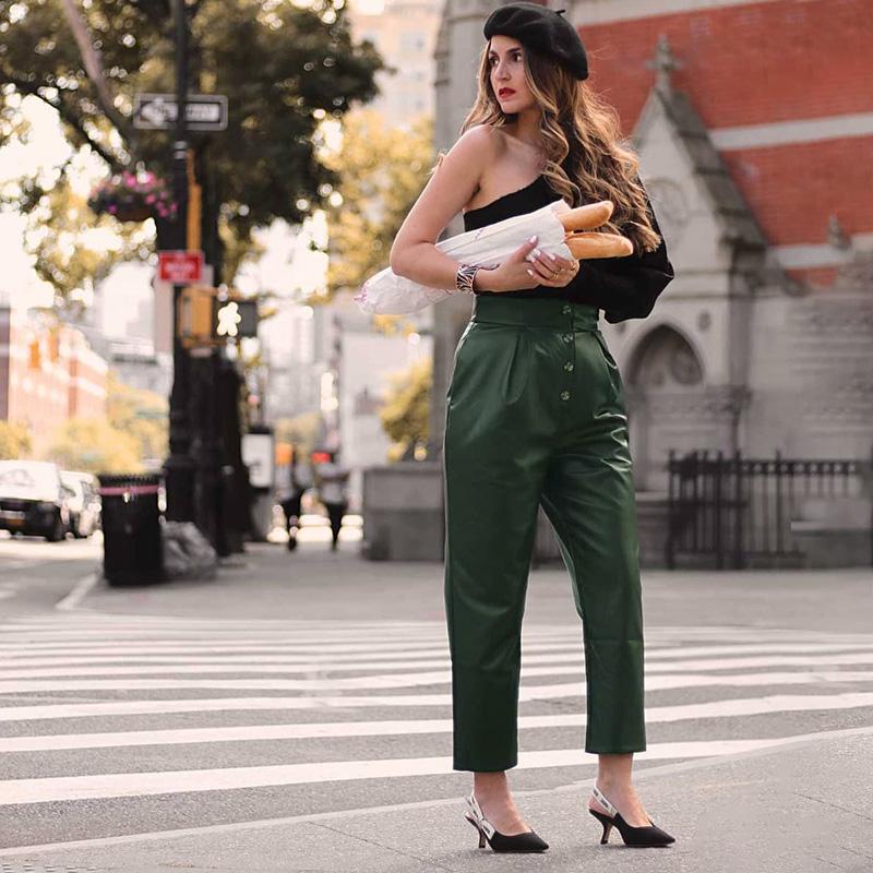 

New 2020 Autumn Winter Green Faux Leather Women' Pants Elastic High Waist Button Female PU Harem Pants Streetwear Chic Trousers