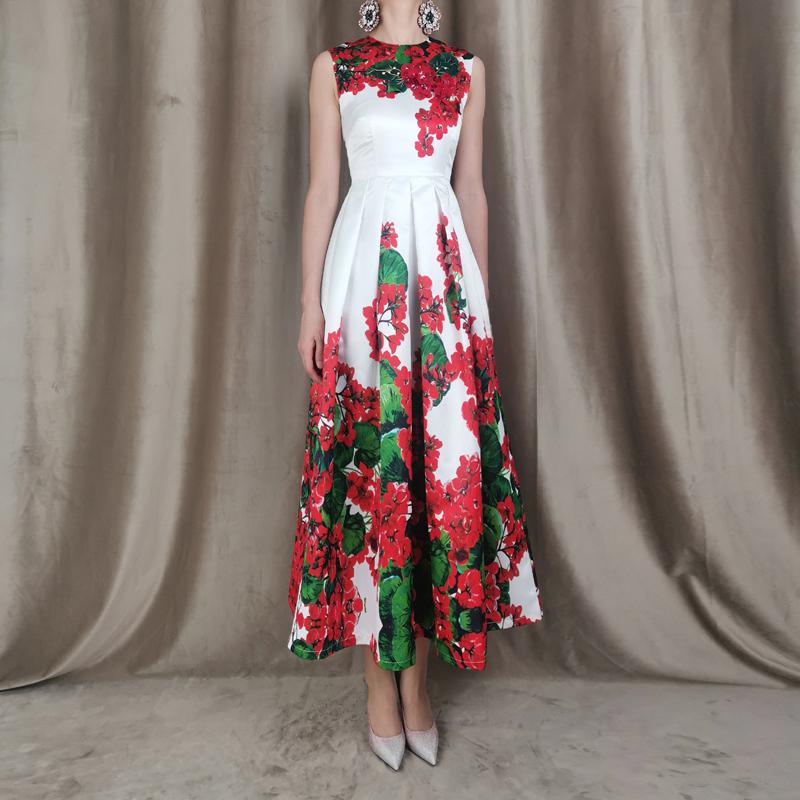 

High Quality Autumn New Women' Casual Vintage Elegant Flower Print Appliques Crystal Beading Zipper Fashion Party Long Dress, Red