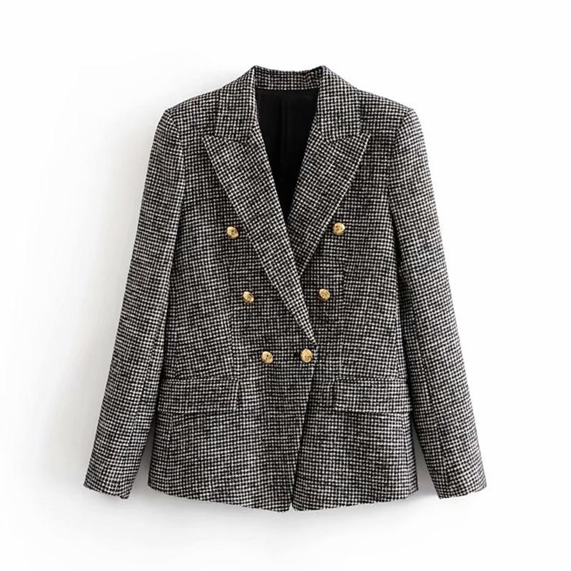 

Elegant Women Tweed Plaid Blazers Suits Notched Neck Houndstooth Jacket Double Breasted Pockets Fashion Coat Female Chaquetas