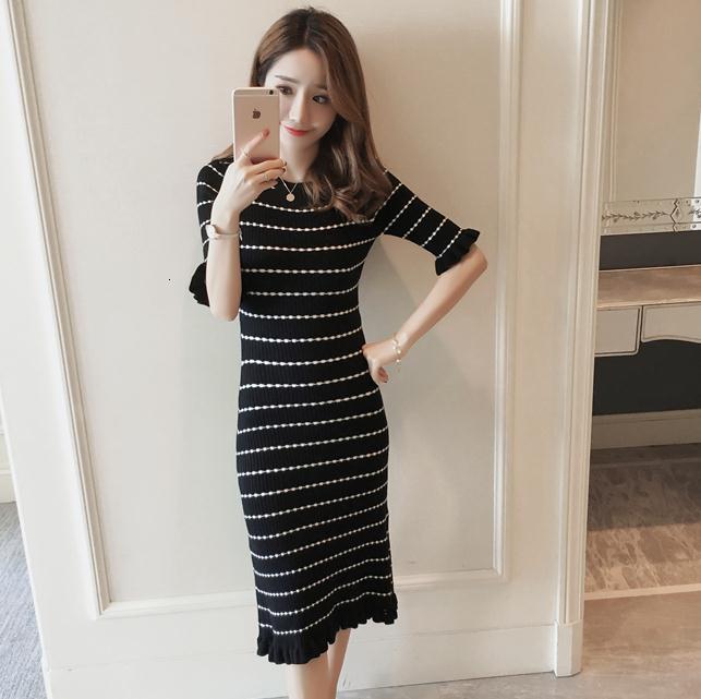 

Female Striped Black White Dress, Slim Long Autumn Sleeves Yxgl