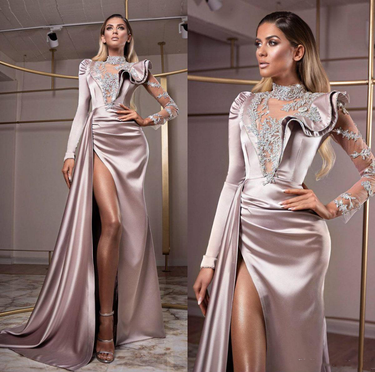 

Long Prom Dresses High Neck Lace Appliques Beads High Split Formal Evening Gowns Satin Party Dress Plus Size Long Sleeve robes de soiree, Red