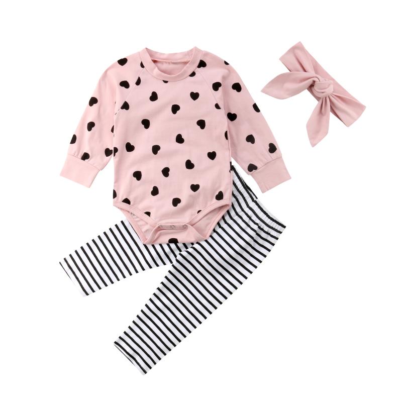 

Kids Baby Girls Outfits Lovely Heart Print Long Sleeve O-neck Romper Bodysuit +Stripe Pant+ Headaband Casual Cotton Clothes Set, Pink