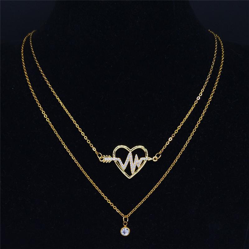

2pcs Heartbeat Stainless Steel Zircon Copper Layered Necklaces Gold Color Chain Necklace Jewelry joyeria bijoux femme NC76S03