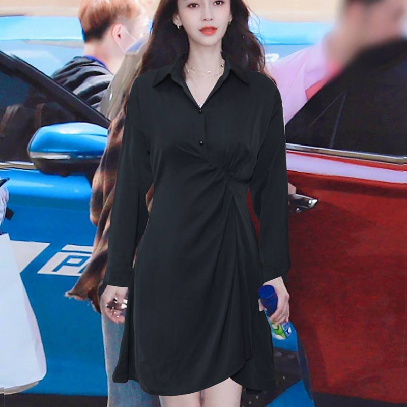 

2021 New Autumn Plied Irregular Black Shirt Long-sleeved Dress Thin Temperament High Quality Ladies Dypv