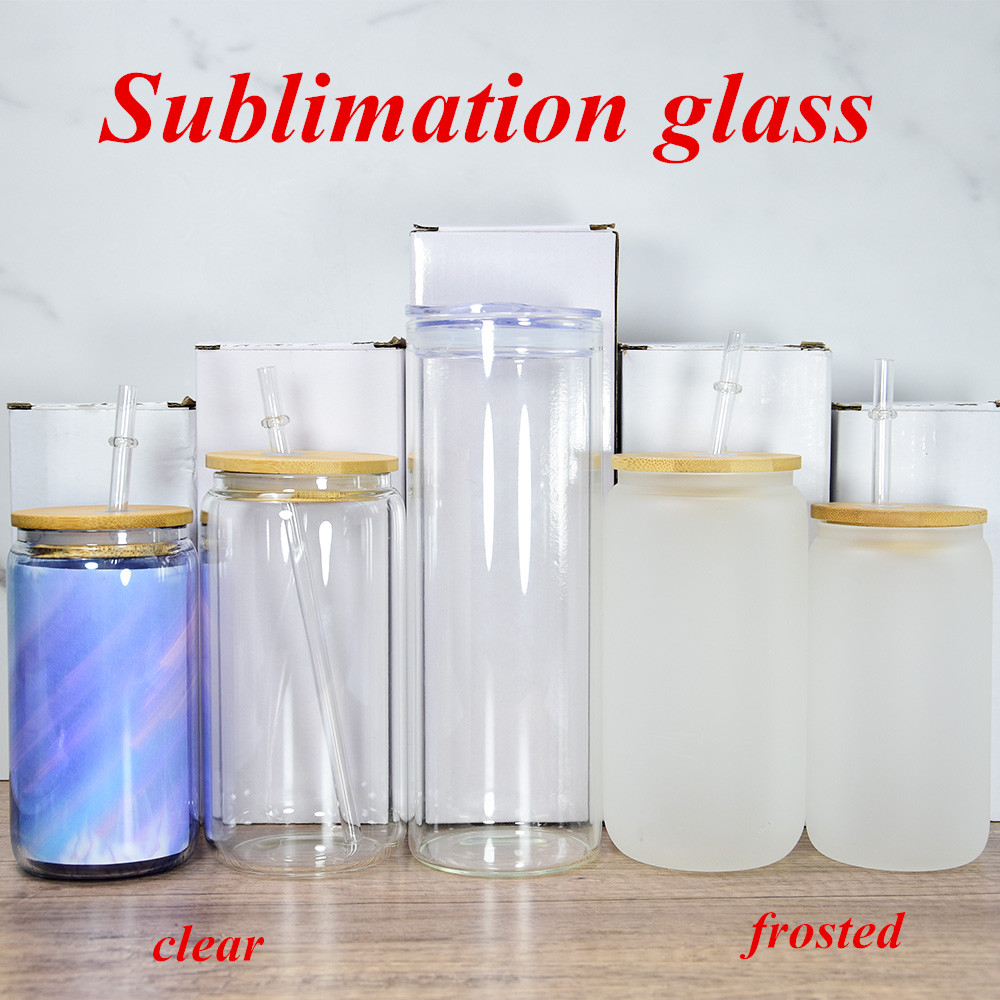 

12oz 16oz 25oz Sublimation glasses tumbler clear frosted beer cola glass can Skinny cup with Bamboo Lid reusable Plastic Straw transparent frosted Soda mason jar, As pic