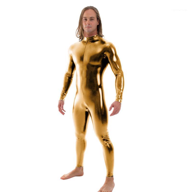 

Ensnovo Men Latex Suit Black Shiny Metallic Tights Gold Zentai Suit Full Body Unitard Custom Skin Bodysuit Zipper Front1