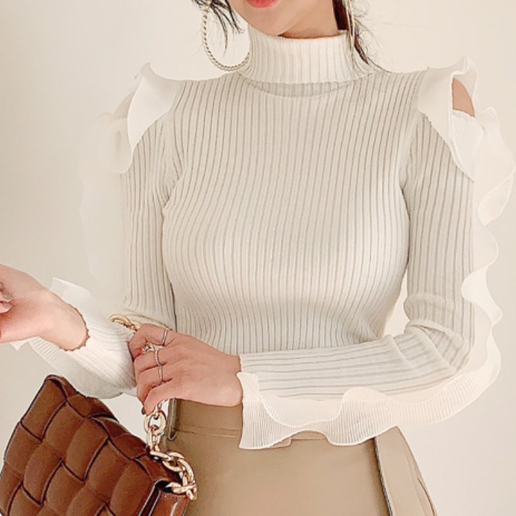 

2021 New Elegant Winter Fine-fitting Knit High Collar Off the Shoulder Sew Lace Sleeve Bottom Sweater CTY8, Black