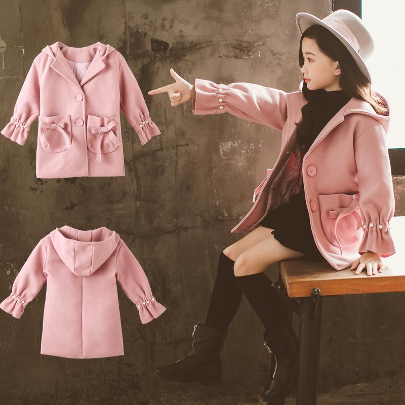 

Kid's Clothes Fall Winter Outwear New 2020 Woolen Bow Children Pearl Warm Sweet Long Coat Wool Girl Jacket Cute Winter Cloak, Red