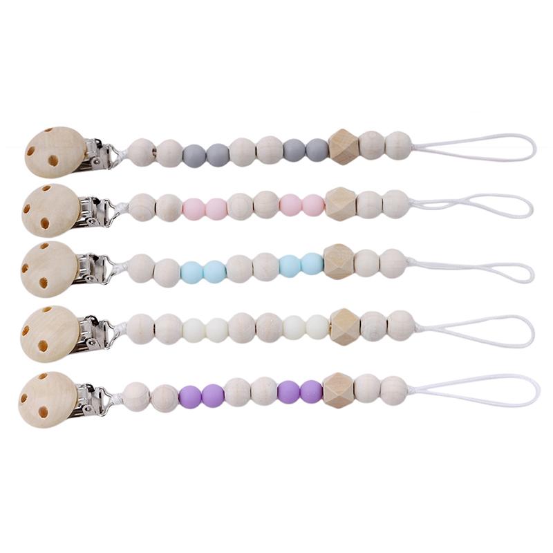

Pacifiers# Silicone Pacifier Clip Chain Baby Teething Soother Chew Toy Dummy Clips Beech Beads Cartoon Wooden Pendant Born GiftPacifiers#