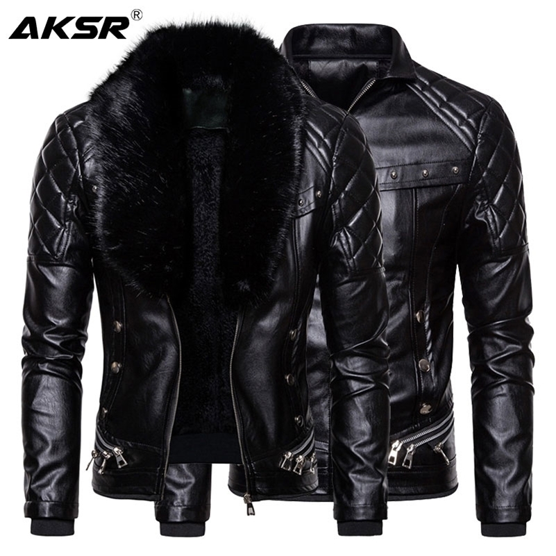 

New Men' Biker Leather Jacket Fur Collar Detachable Faux Leather Motocycle Jackets Coats Casual PU Jacket Chaqueta Moto Hombre 201223, Coffee