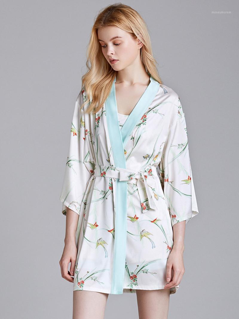 

3 Pieces Female Sleepwear Suits Night Robe Top Shorts Sleepwear Home Clothes Silk Satin Lace Sling Backless INS Print Comfort1, White