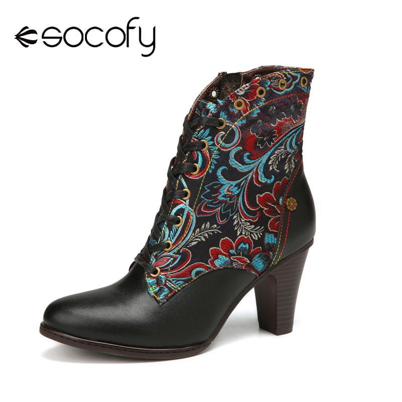 

SOCOFY High-heeled Shoes Retro Black Genuine Leather Flower Embroidery Warm Lining Chunky Heel Short Boot Winter Women Shoe 2020