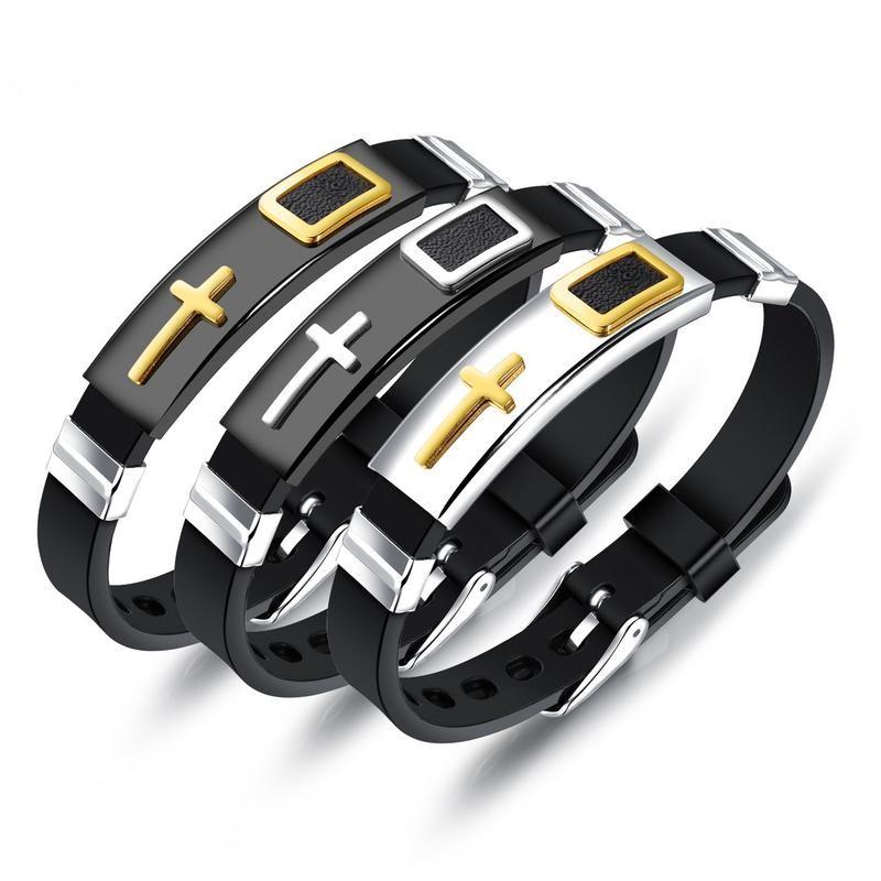 

Mens Cross Charm Strap Bracelets for Woman Black Silicone Band Male Female Unisex Prayer Pulsera Size Adjustable