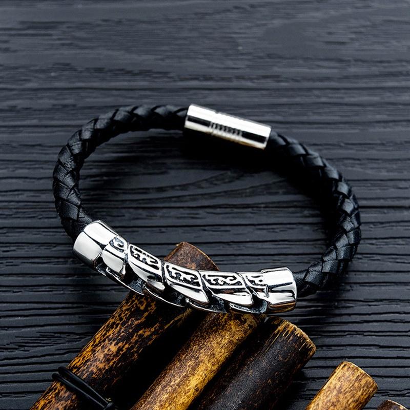 

Vintage Special Rune Steel Ring Leather Magnetic Buckle Woven Bracelets for Men