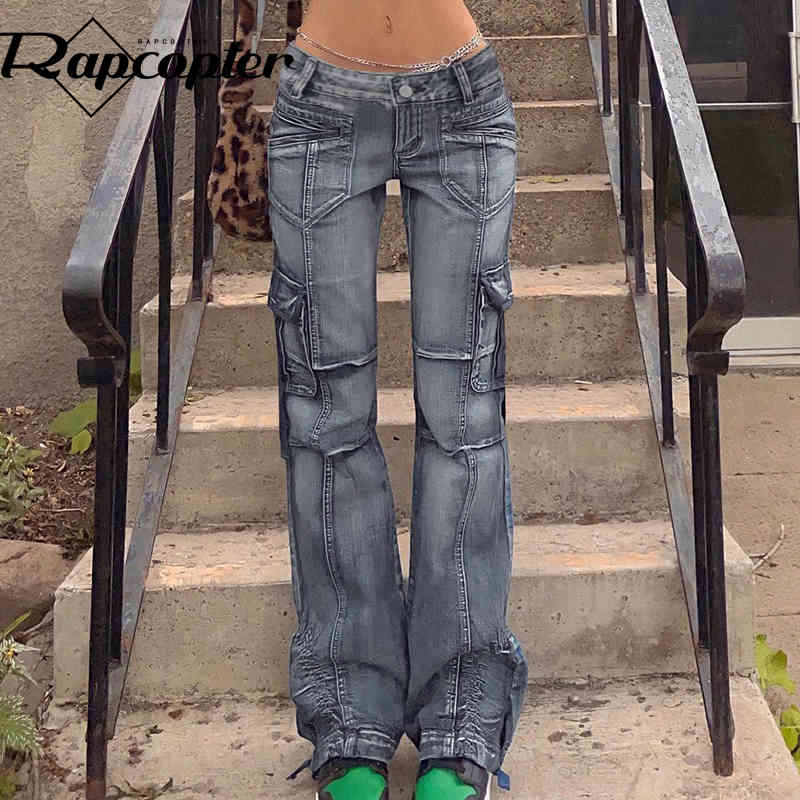 

Vintage Jeans Low Waisted Pockets Trousers Baggy Casual Fashion Denim Cargo Pants Women Straight Korean Jeans 90s, Blue