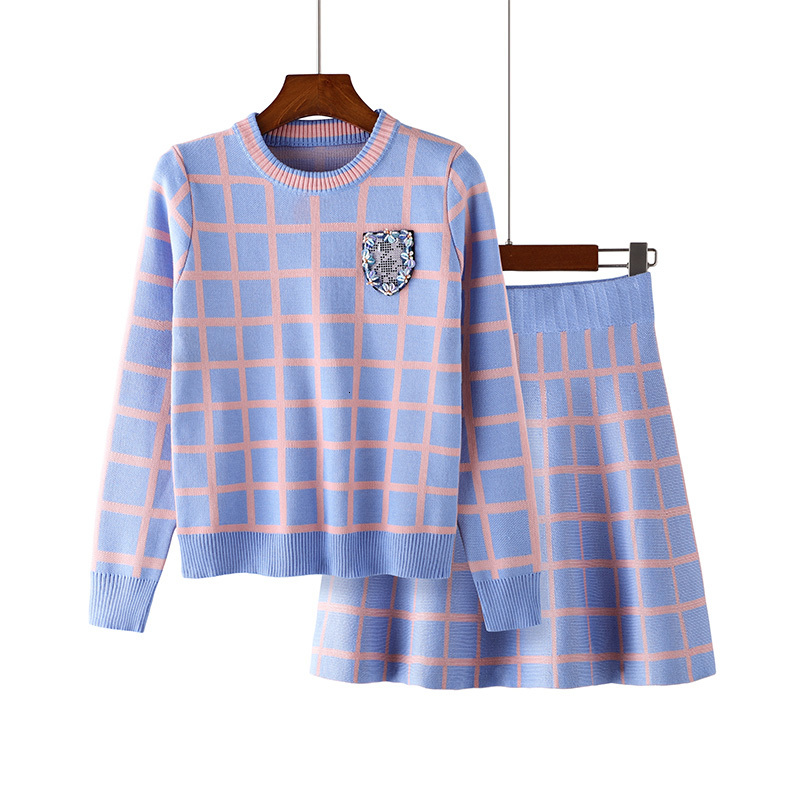 

Winter Fashion Stripe Knitted Sweater High-waist Temperament Lady Skirt Long-sleeve Knit Sleeve Set 2 Suit Parts R404 91cf, Blue