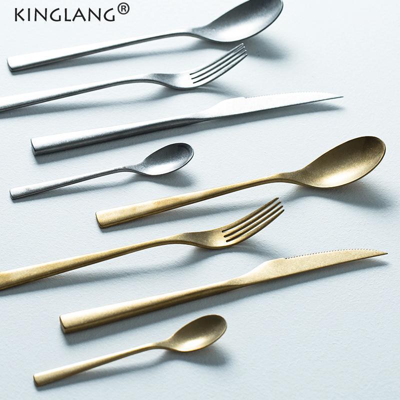 

KINGLANG 4pcs/Set Sliver and Golden Vintage Flatware 304 Stainless Steel Dinner Spoon Main Fork Hotel Supplies Wholesale1