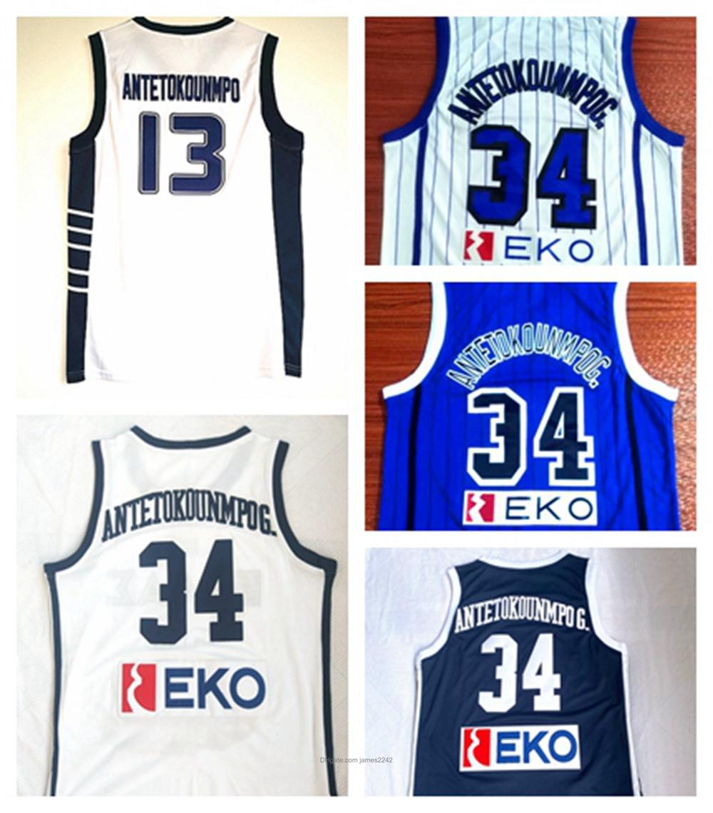 

Hot Quality Giannis #13 Antetokounmpo #34 Greece Hellas White Blue Basketball Jersey Mens All Sewn Embroidery Size S-2XL, 34# white