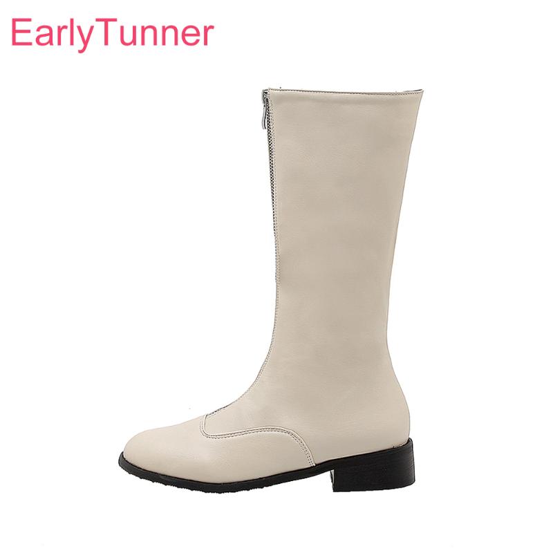 

New Winter Fashion Beige Black Women Mid Calf Riding Boots Chunky Heels Lady Shoes EB125 Plus Big Small Size 10 32 43 46