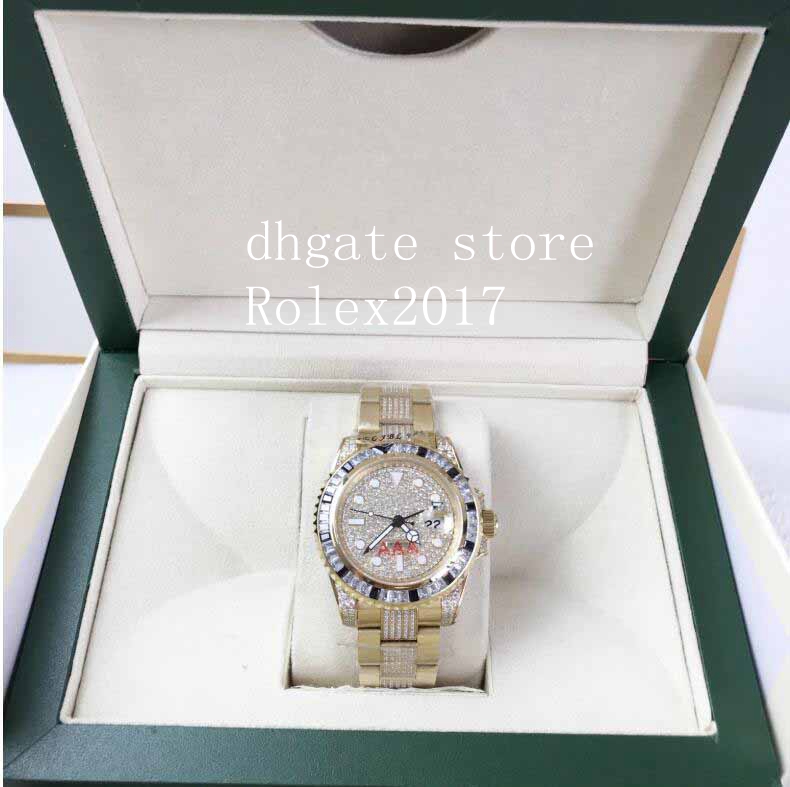 

BOX Mens 40mm 18K Gold Iced out automatic self-wind sweeping movement full diamonds Asia 2813 Movement Steel 316L Men's Sport Watches