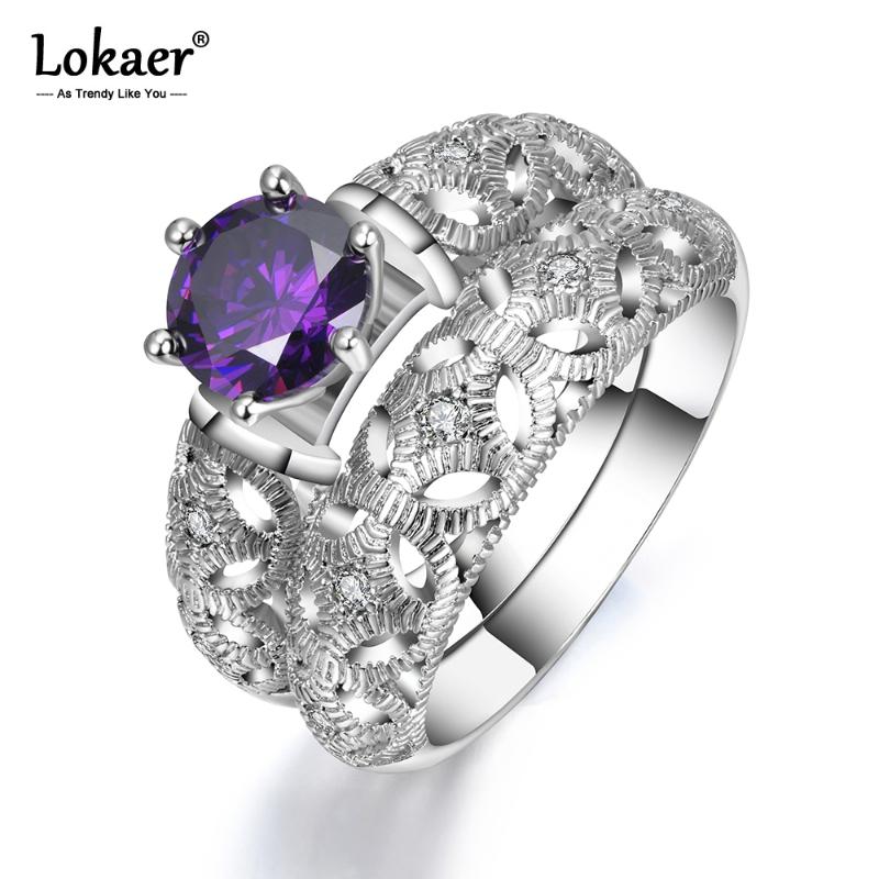 

Wedding Rings Lokaer Brand Trendy 2Pcs Female Ring Set Round Purple Cubic Zirconia Engagement For Women Jewelry Anneau LR17121