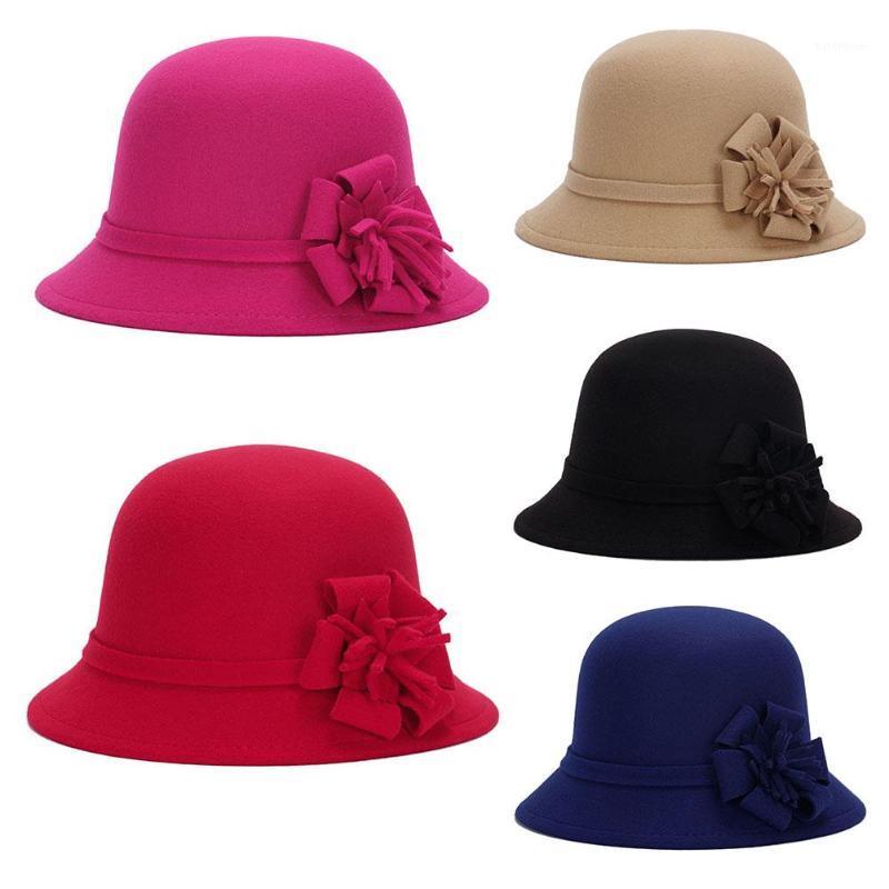

Vintage Women Imitation Woolen Solid Color Flower Decor Bucket Hat Bowler Cap hot sales1, Black
