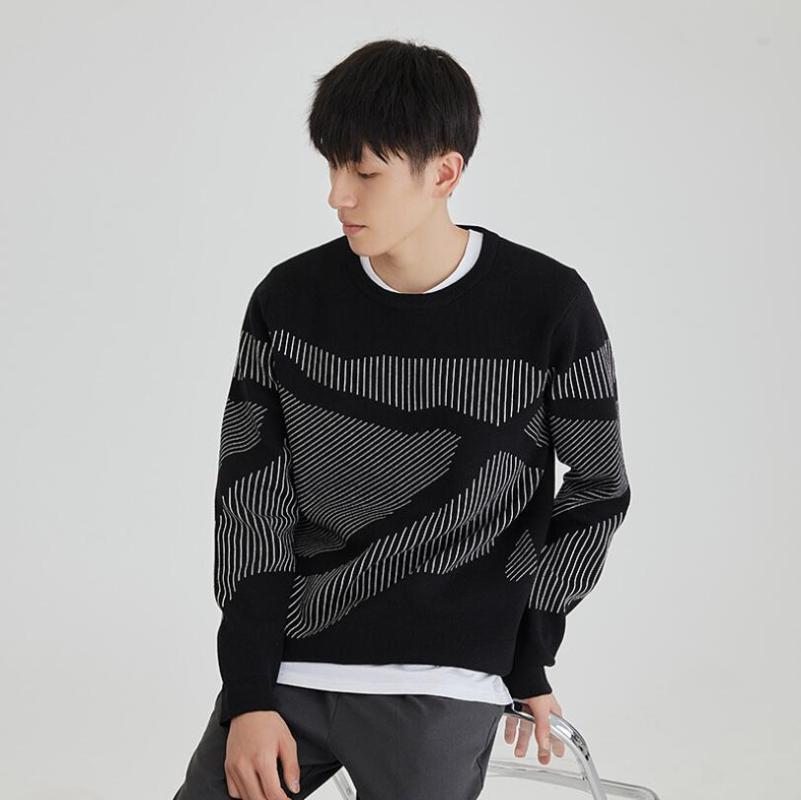 

2020 Men O-neck Sweater Autumn Winter Warm Vertical stripes jacquard Long Sleeve Knitted Casual Male Sweater Pullover w1289, Black