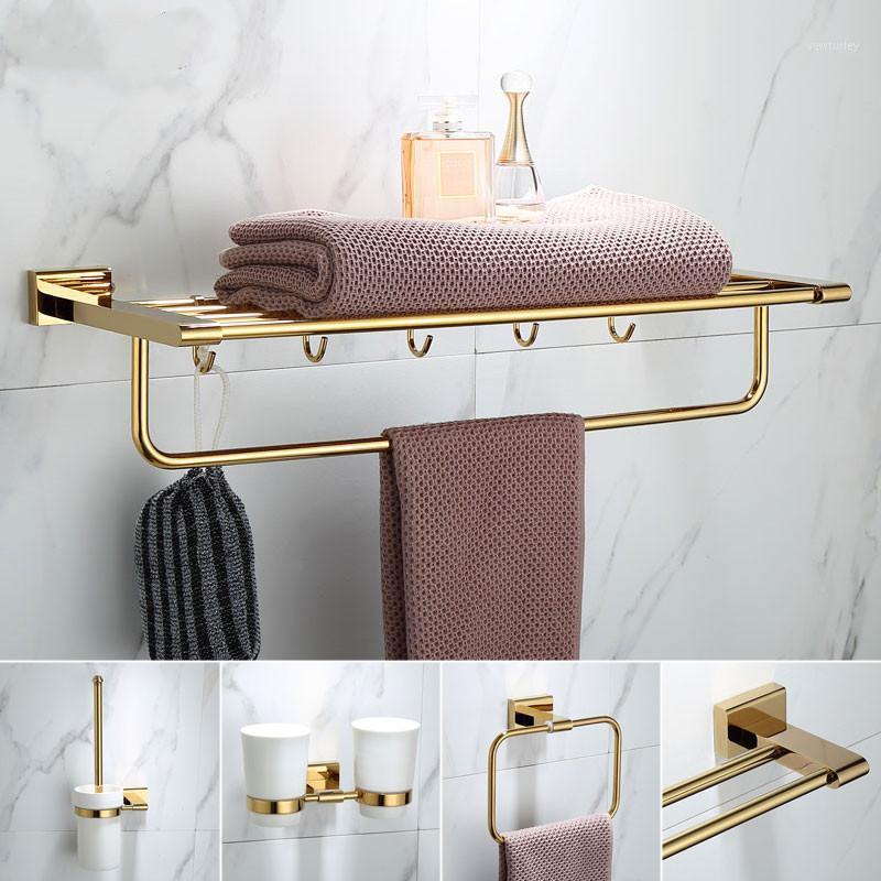 

Bathroom Accessories Fashion Bright Gold Solid Brass Material Bathroom Hardware Set Robe Hook Towel Rail Rack Bar Toilet Holder1