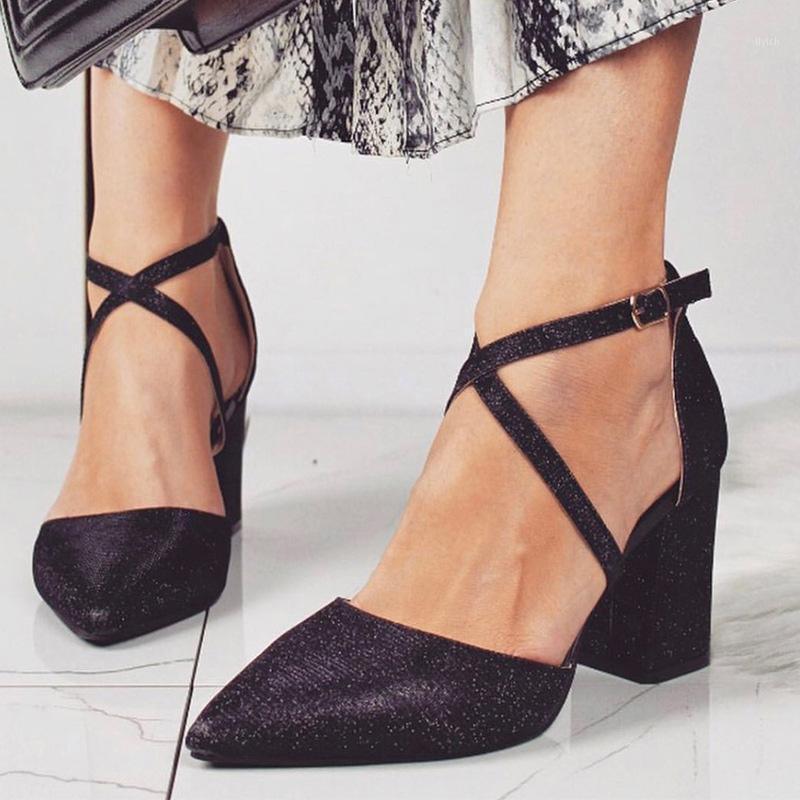 

Pumps Women's Pointed Toe Bling Sandals High Square Heels Cross Buckle Strap Female Pu Fashion Shoes Summer Ladies 20201, Black