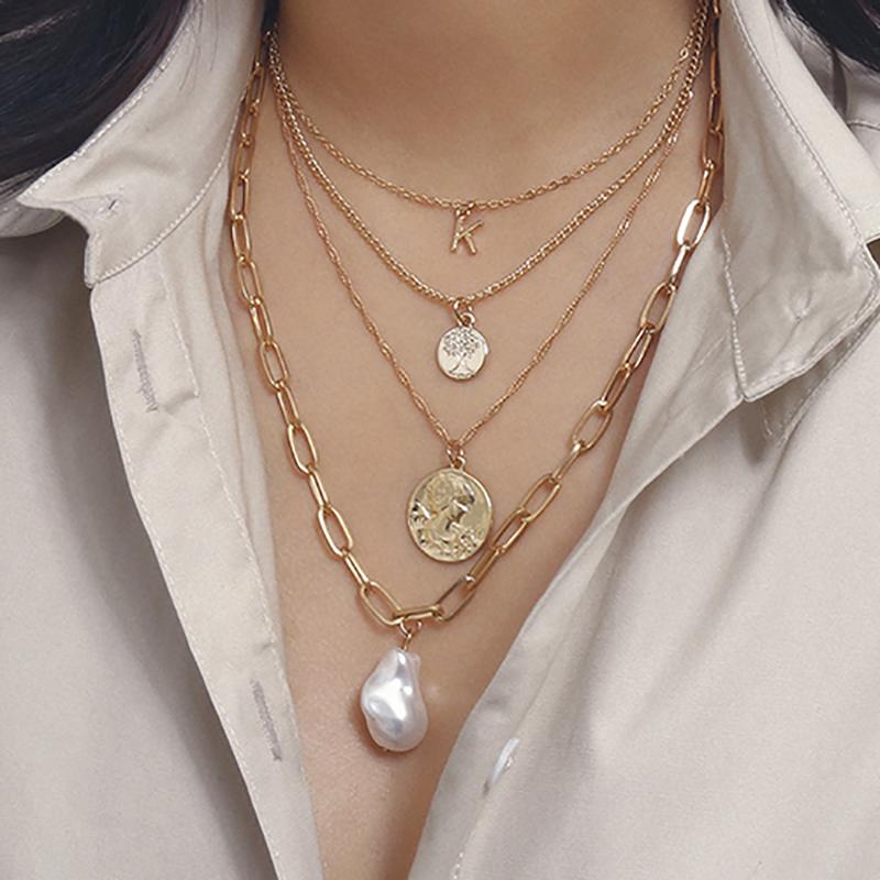 

ZHINI Statement Coin Pendant Multi-layer Choker Necklace For Women Vintage Simulated Pearl Gold Chains 2020 New Jewelry Gifts, Silver