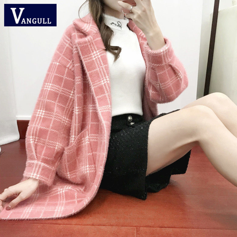 

VANGULL Covered Button Coat Women Winter Plaid Mid-long Outwear Womens Pockets Loose Harajuku Korean Style All-match Elegant, Camel