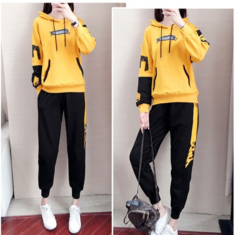 

2021 New Inverno Novo Engrossado Solto Casual Esporte Running Wear Moletom Capuz Feminino Terno Duas Peas Sflw, Black