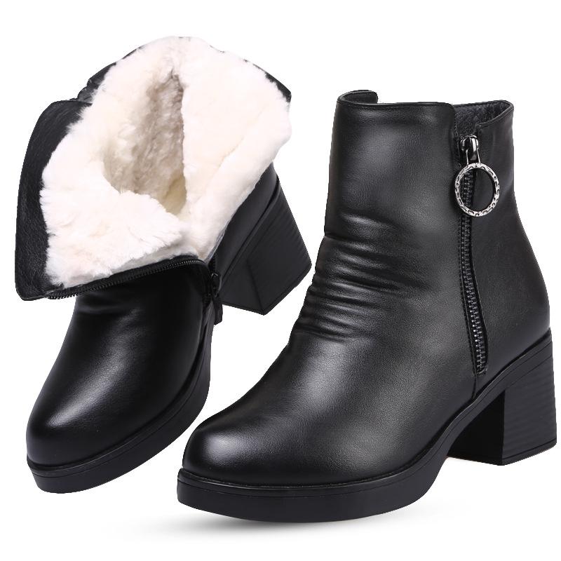 

ZXRYXGS Brand Boots Fur One Wool Cowhide Leather Boots Thick with High Heels 2020 New Winter Snow Women Shoes Ankle, Black
