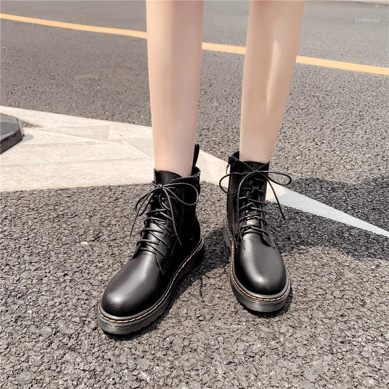 

Autumn 2019 Faux Leather Lace Up Ankle Combat Boots for Women Sewing Black Chunky Heel Street Goth Shoes Booties Woman1