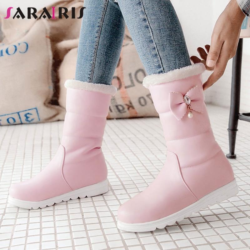 

winter ladies sweet warm fur cold protection boots snow boots women new fashion flat plush bowtie mid calf shoes woman, White