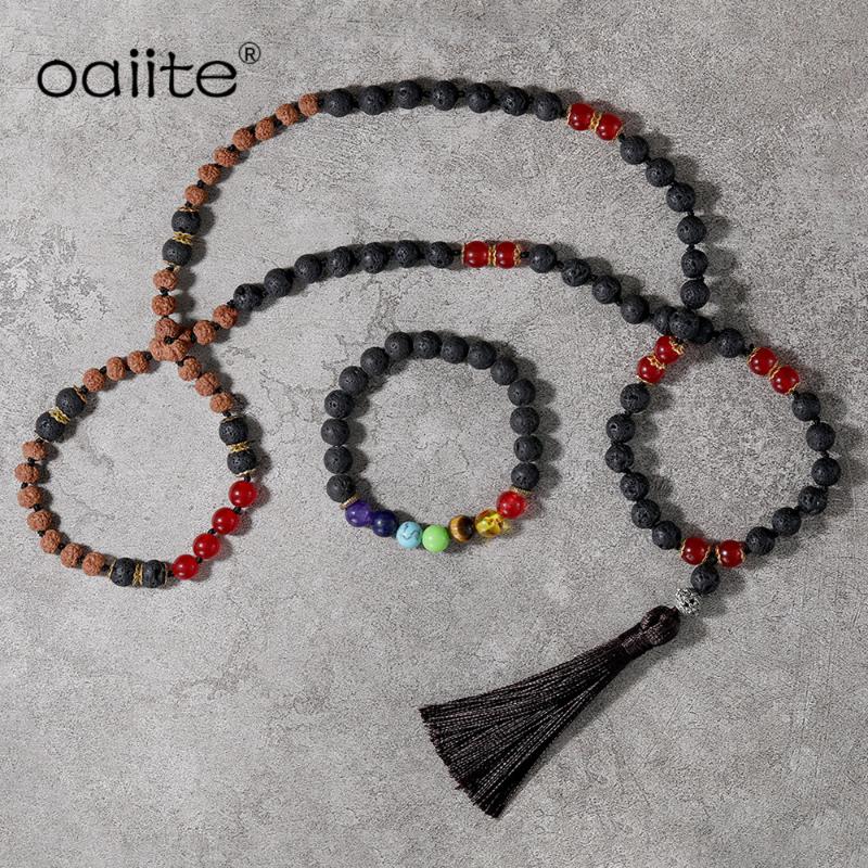 

OAIITE Rudraksha Bead Mala Necklace Sets,108 Natural Lava Volcanic Rock Stone Jewelry ,7 Chakra Prayer Bracelet Women Men, As pic