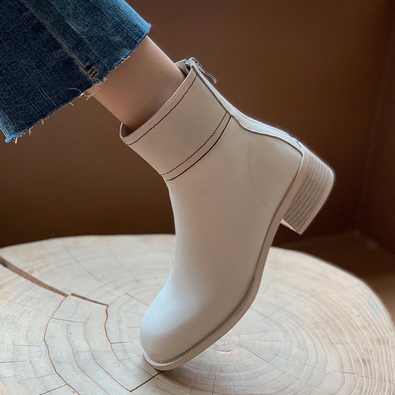 

Vintage cow leather Ankle Boots For Women Autumn Winter square Toe Thick med Heels Shoes Woman Elastic Band Party Casual Boots, Beige