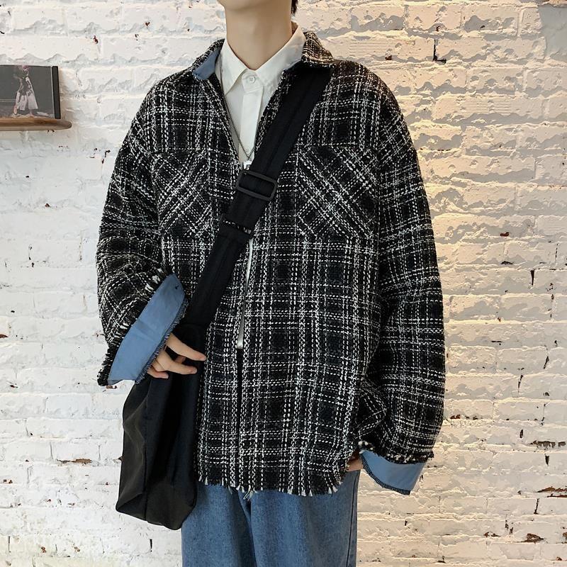 

2021 Korean Men's Plaid Printing Coats Loose Casual Long Sleeves Shirts Camisa Masculina Streetwear Mens Clothes Fashion Shirts, Black