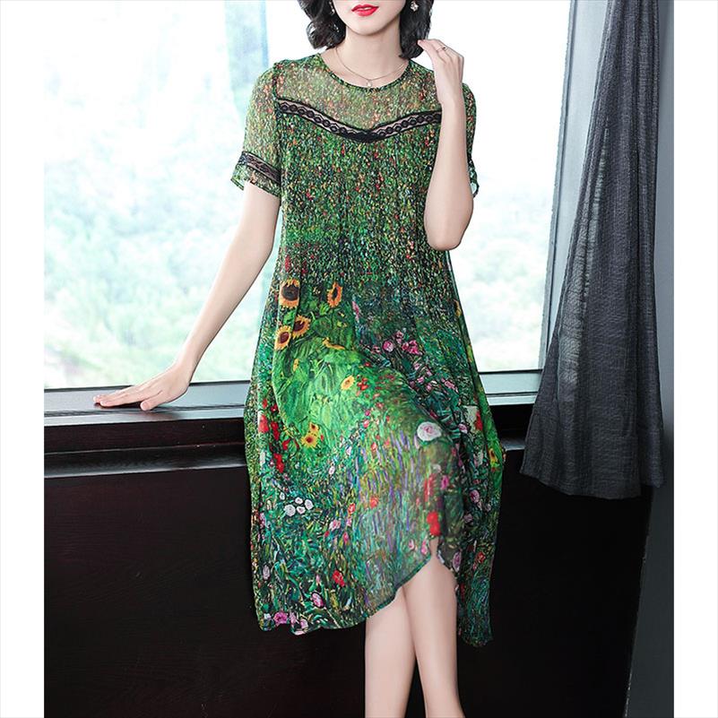 Vintage Peacock Green Silk Dress Floral Print Summer Dresses Plus Size M 3XL Gown Lace Stitching Short Sleeve Robes-image-610777986