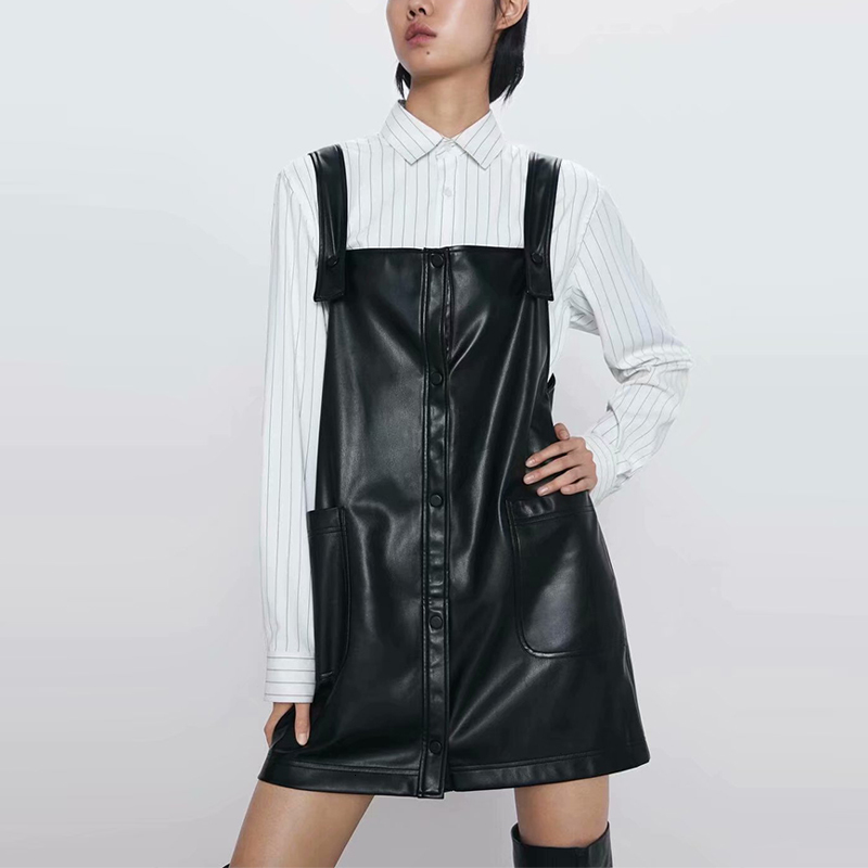 

New Women Pu Leather 2021 Gothic Black Short Bodycon Sleeveless Suspender Buckle Pockets Sun Streetwear Mujer Wxex