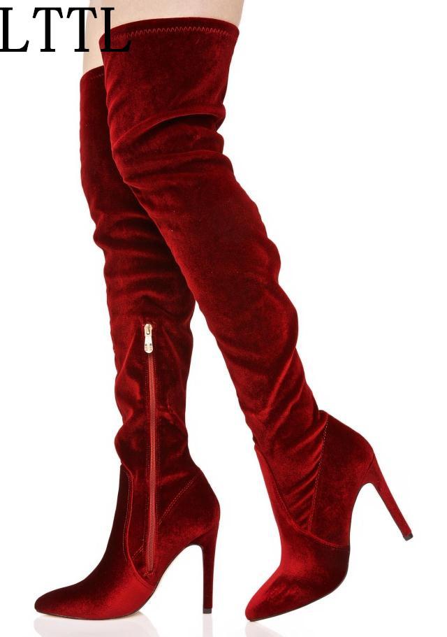 

LTTL New Feminina Velvet Inner Ankle Zip Women Long Booties Pointed Toe Stiletto Heels Stretchy Thigh High Woman Over Knee Boots, Black