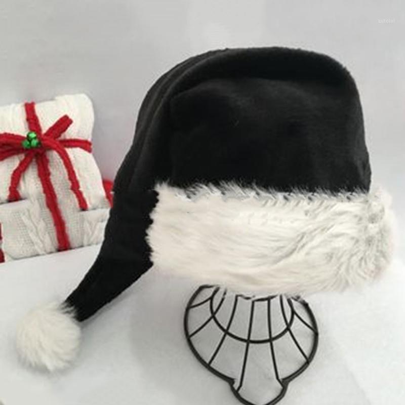 

75cm Adult Black Plush Long Christmas Hat Xmas Costume Pompom Santa Claus Cap black plush ball hat solid1, As picture