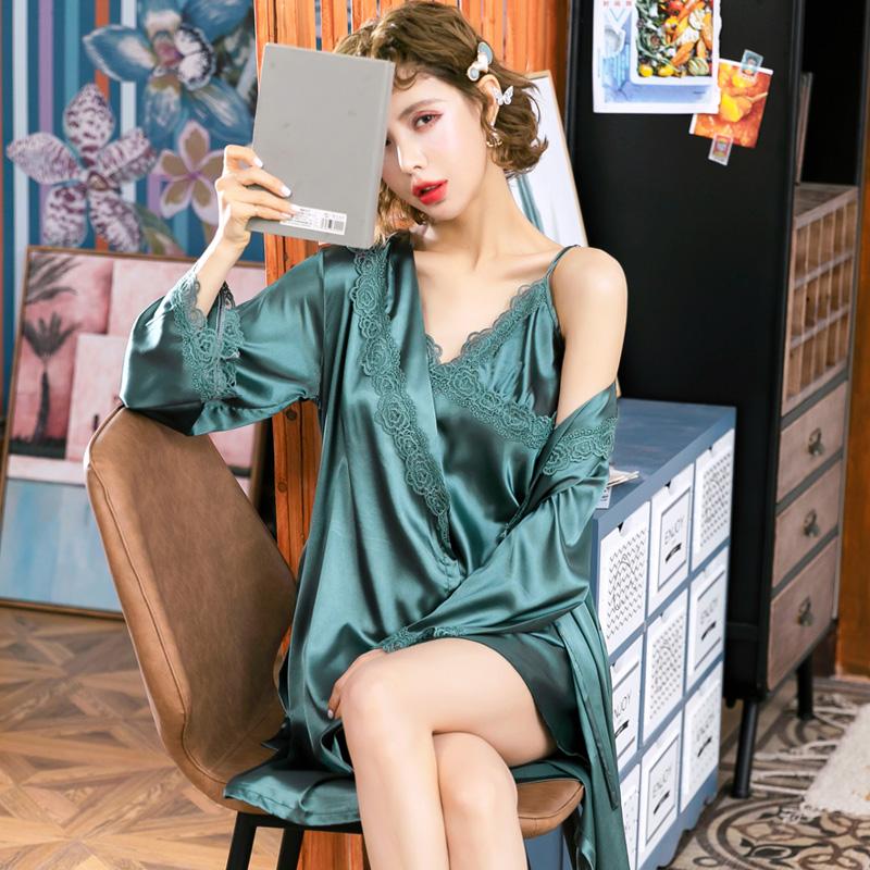 

New Style 2 PCS Fashion Sexy Bathrobe Summer Ice silk Beach Towel Kimono Dressing Gown taste Lingerie Cozy Robes Loose Home Wear