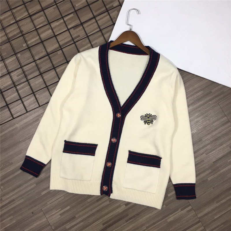 

Women Sweater Cardigan With Button Letters Style Bees Embroidery Long Sweatshirt Wool High Quality For Lady Outwear Tops, Beige