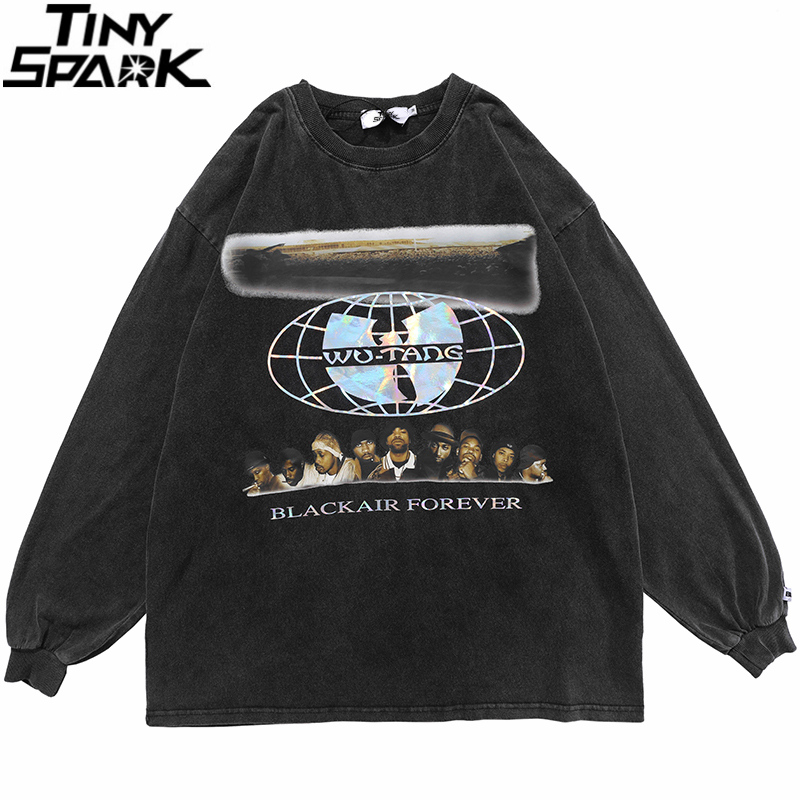 

Mens Hip Hop Harajuku Streetwear Oversized T-shirt Rappers Print Oversize Washed T-shirt Long Sleeve Loose Cotton Tops Tees, A21798 black