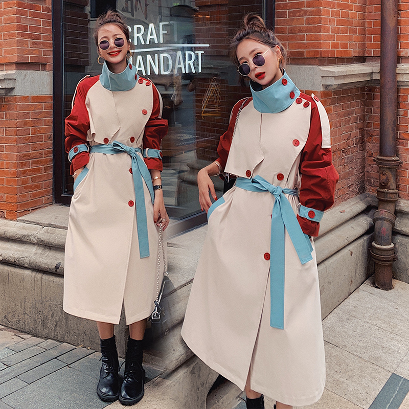 

2021 New Female Blouse Sews Contrast Long Spring New Korean Loosed Unique Lapel Breasted Fashion Trench Coat9h R2i9, Photo color