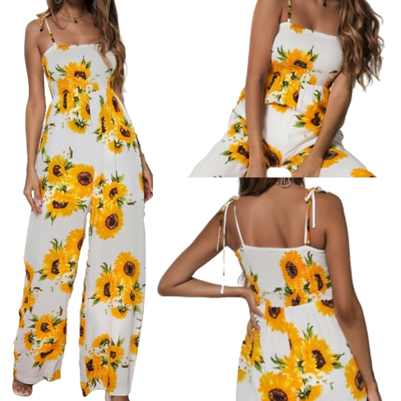 

Women Summer Jumpsuit Spaghetti Straps Sleeveless Sunflower Dot Print Long Playsuit Bow Sexy Overalls For Womens Rompers Mujer Y200422, Purple