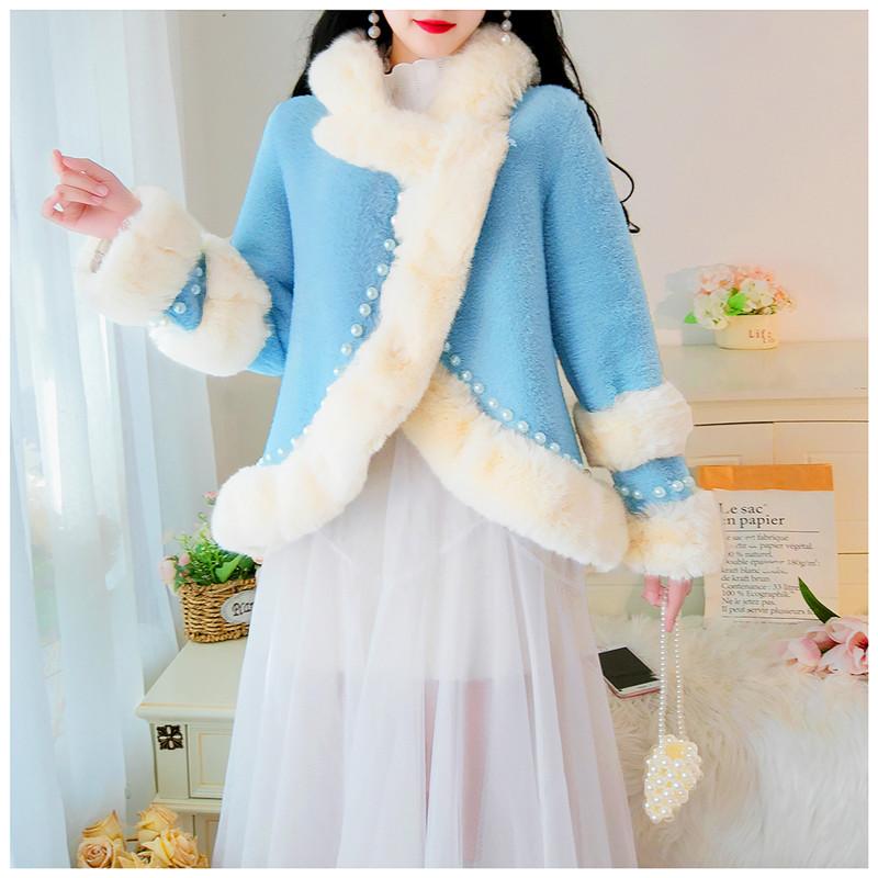 

Women wWinter Stitching Lamb Hair Chic Loose Elegant Jacket Overcoat, Blue