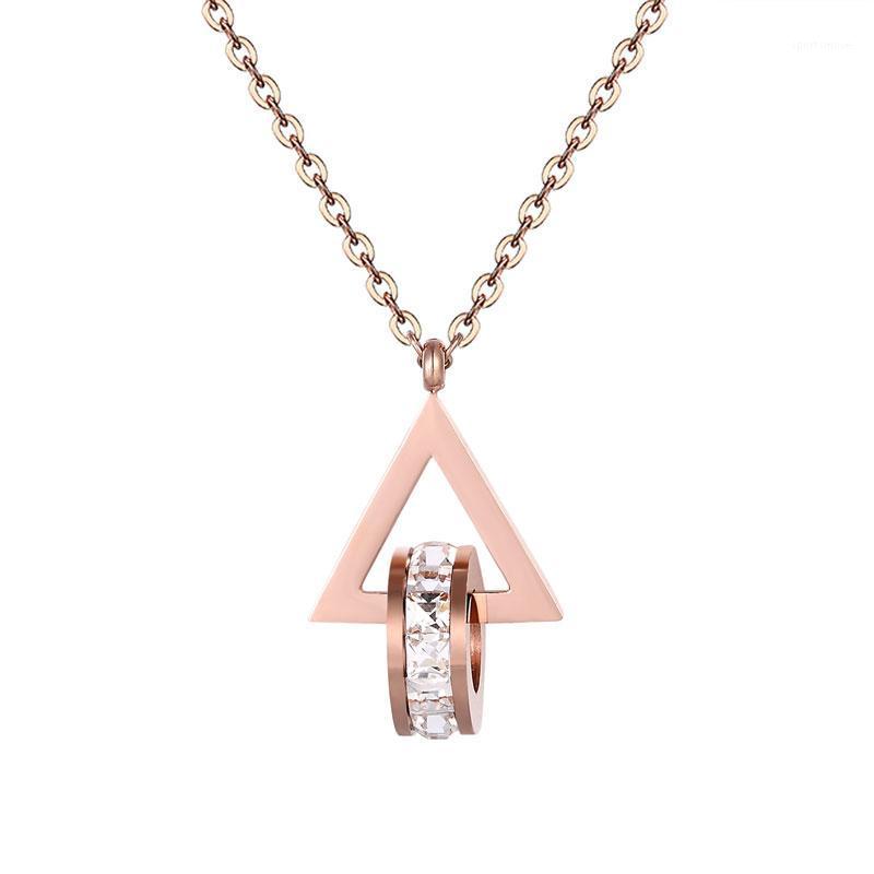 

Beautiful Triangle Hang Circle Shiny Crystal Pendant Necklace Titanium Steel Rose Gold Color Necklace Brand Jewelry For Women1