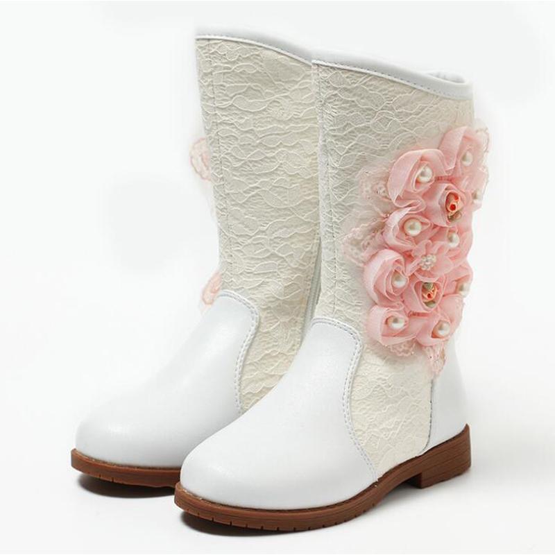 

Princess high boots beautiful flower children snow boots high quality genuine leather girls zipper kids winter shoes, White